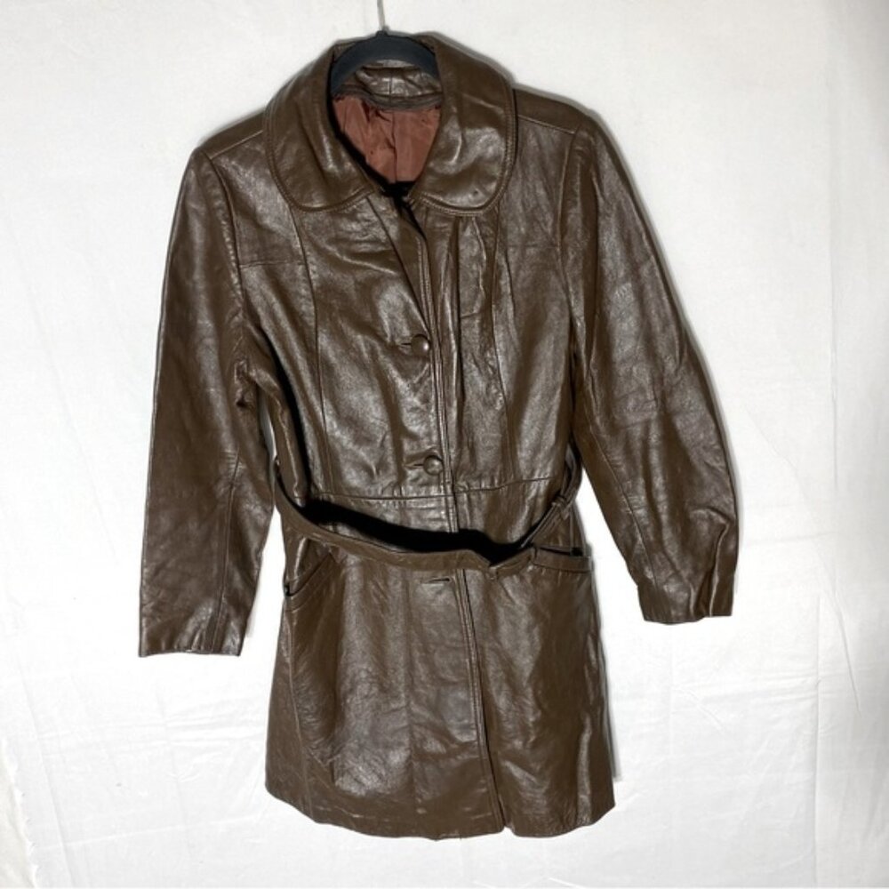 Vintage Brown Leather Belted Jacket XS Boho 70s